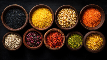 colorful bowls of vibrant grains, the various colors and shapes create an attractive visual composition on the black background
