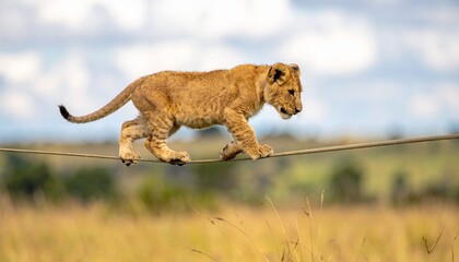 Baby lion is slowing walking tightrope, clouds in background 2