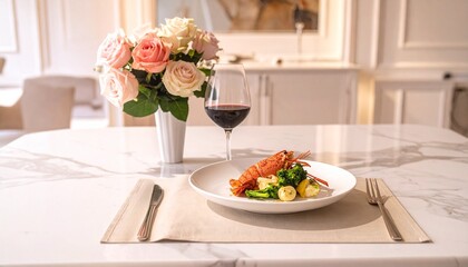 Lobster pasta fine dining gourmet in artistic fine art table composition with roses3