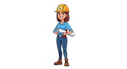 Female construction worker stands confidently with blueprints and a hard hat.