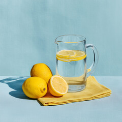 Fototapeta premium photo of lemon water in a glass pitcher with lemons on a yellow napkin