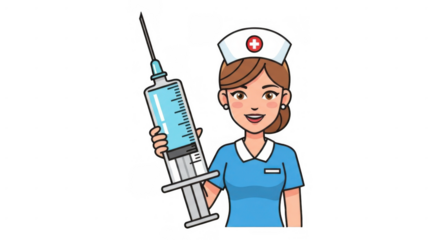 Cartoon Nurse Holding Oversized Syringe with Vaccine.