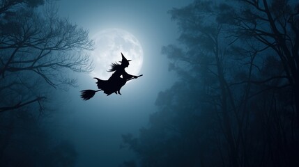 Fototapeta premium Scary witch flying on broomstick on full moon at night - Happy Halloween