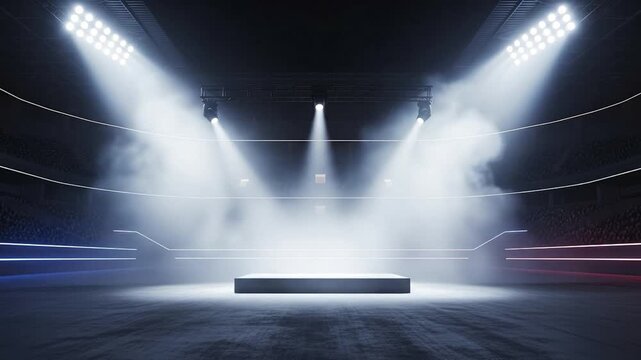 An empty vast stadium interior with a central illuminated stage powerful spotlights and audience seating in the dark