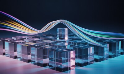 Abstract digital cityscape with glowing, transparent blocks and fiber optic cables