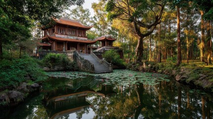 Tranquil Asian Garden with Traditional Architecture and Serene Reflection in Water