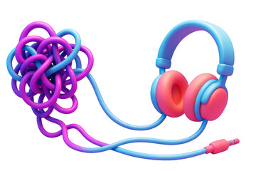 Vibrant tangled headphones in pink and blue, isolated on clean white background, symbolizing mind confusion and clarity. Ai generative
