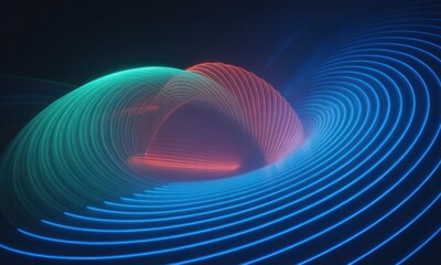 Abstract neon swirl design.  A 3D rendering of concentric, glowing lines in teal, coral, and blue.  The lines create a vortex or tunnel effect.  Dark background