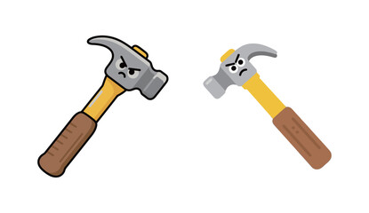 A set of two cute but angry cartoon hammers with cross expressions and furrowed brows.