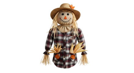 A charming scarecrow with a hat and flannel shirt, ready to greet the autumn season and guard the fields