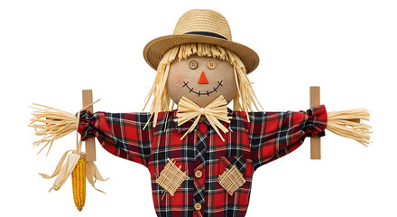 Festive scarecrow with a straw hat and plaid shirt holding a banana against a white background