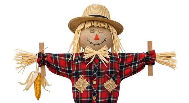 Festive scarecrow with a straw hat and plaid shirt holding a banana against a white background