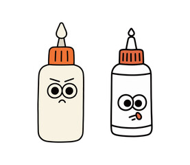 A set of two cute cartoon glue bottles with angry and confused expressions.