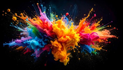 A vibrant explosion of colorful powder against a stark black background, showcasing dynamic shapes and motion