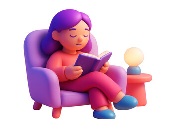 Girl sitting on a chair reading a book beside a lamp, abstract colorful style, isolated on white background, concept of peaceful mind. Ai generative