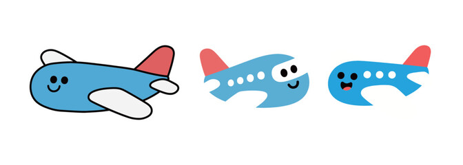 A set of three cute cartoon airplane characters with happy faces, flying.