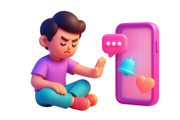 Cartoon boy sits cross-legged ignoring smartphone notifications with a hand gesture, isolated style on white background. Concept of mindfulness. Ai generative