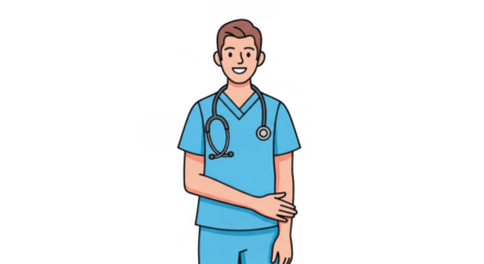 Smiling Male Nurse in Scrubs with Stethoscope.