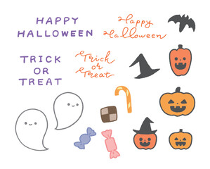ハロウィンのかわいい手描きイラストセット