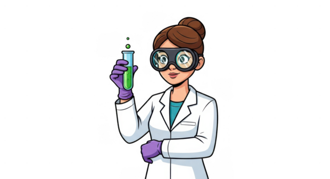 Female Scientist in Lab Coat and Goggles Holding a Test Tube.