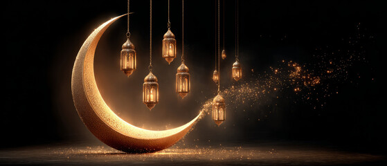 Golden crescent moon with glowing Ramadan lanterns