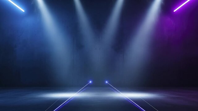 A dark textured room with several overhead spotlights and glowing horizontal bars Two light points on the floor emit parallel beams through haze