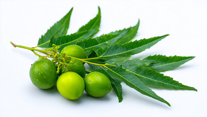 neem leaves with green fruits on a white background.
