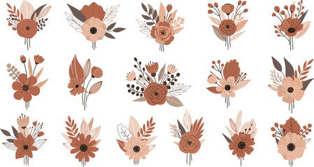 Collection of boho style floral bouquets with earthy tones isolated on white background