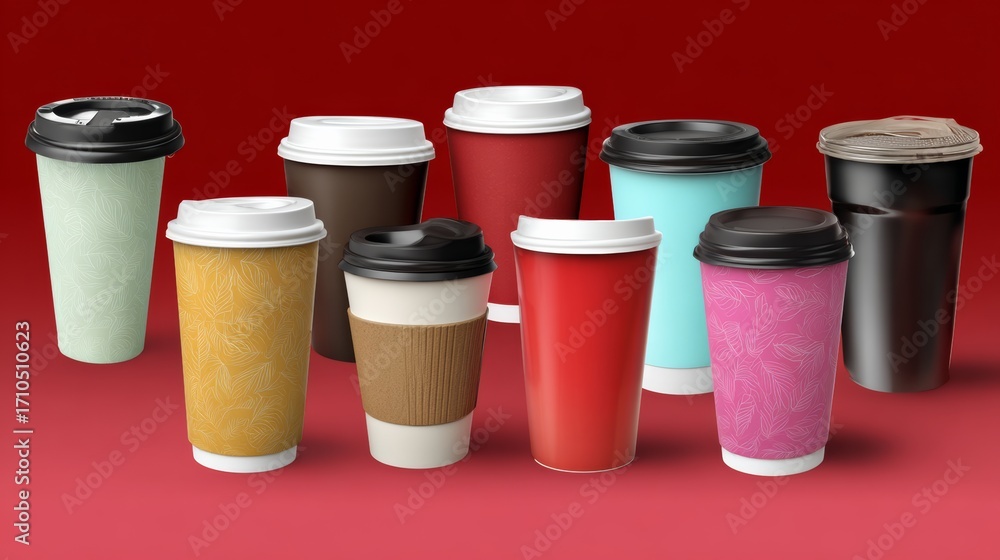 Poster a row of coffee cups with different colors and designs. the cups are lined up on a red background