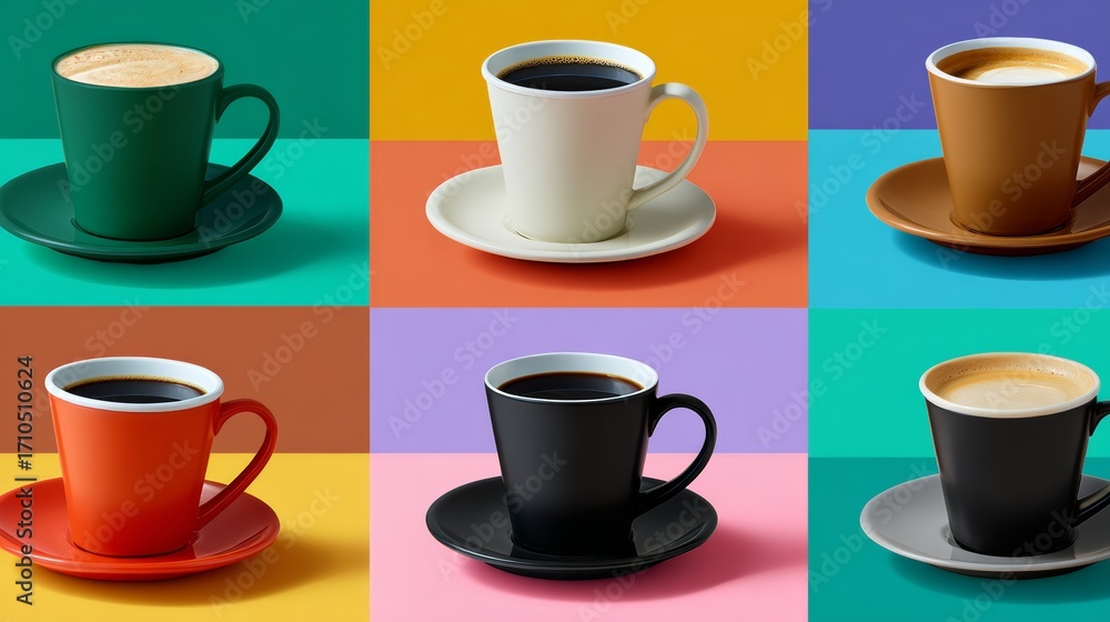 Poster a colorful array of coffee cups and saucers on a table. the cups are of different colors and sizes, 