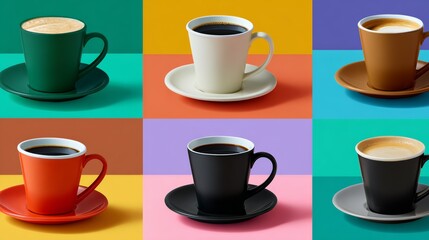 A colorful array of coffee cups and saucers on a table. The cups are of different colors and sizes, and the saucers are also of various colors. Concept of variety and diversity