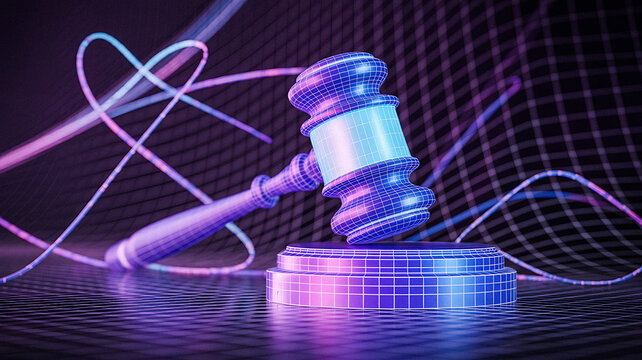 Futuristic gavel and abstract light trails on a digital grid