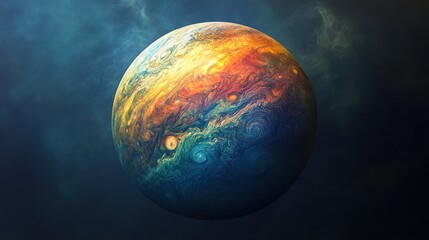 A mesmerizing cosmic artwork depicting a vibrant planet with swirling, colorful clouds and a dark space backdrop, showcasing the beauty of celestial bodies.