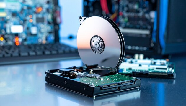 Open hard disk drive with visible platter and actuator arm, surrounded by electronic components and circuit boards in a repair setting.