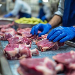 Fresh meat being prepared in a professional kitchen, highlighting hygiene and quality standards in food preparation.