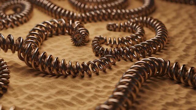 Abstract Metallic Spiral Springs on Tan Surface Close Up
