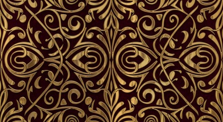 Ornate golden swirls and floral patterns on a rich burgundy  texture decorative