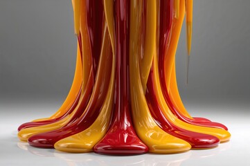Abstract plastic sculpture melts in glossy yellow and crimson ribbons