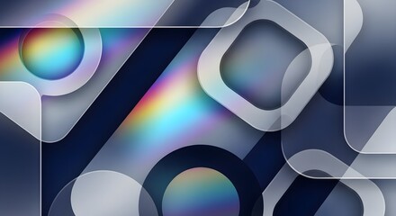Abstract geometric shapes with translucent overlays and holographic rainbow gradients