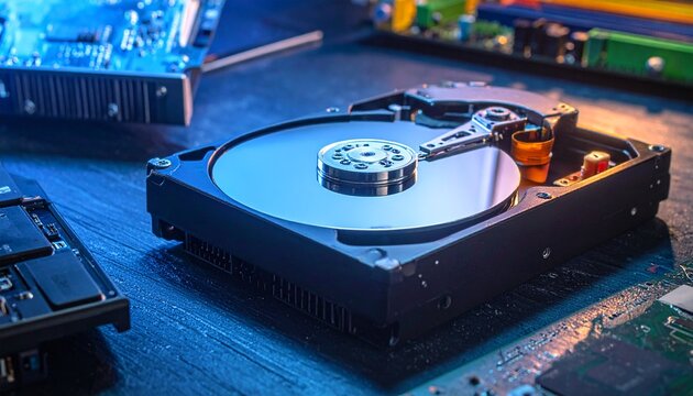Open hard disk drive with visible platter and actuator arm, surrounded by electronic components and circuit boards in a repair setting.
