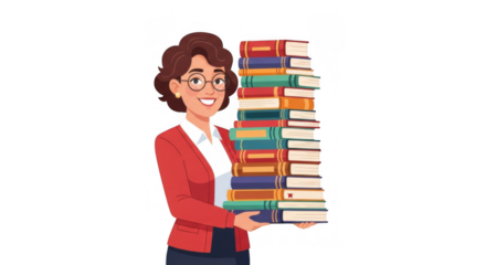 Happy female teacher or librarian holding a large stack of books.