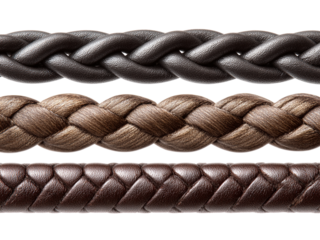 Three luxurious braided cords, showcasing rich leather and textured rope in elegant brown and black tones, perfect for premium product design and artisanal crafts.