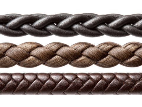 Three luxurious braided cords, showcasing rich leather and textured rope in elegant brown and black tones, perfect for premium product design and artisanal crafts.