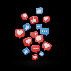Naklejka premium 3d illustration of a cascade of social media notification icons, including likes, hearts, and chat bubbles, on a black background