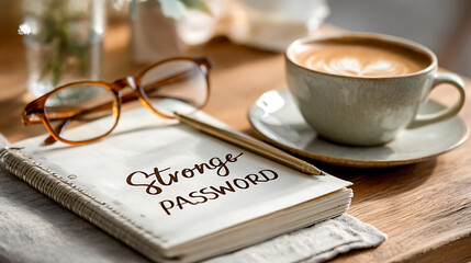 Notebook with strong password message, eyeglasses and cappuccino on wooden table