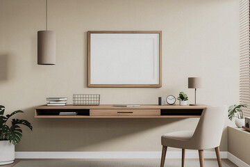 Modern floating desk with minimalist decor and chair in a bright room