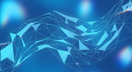 Abstract digital network mesh structure with glowing lights and bokeh effects on a blue