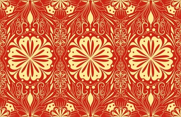 Seamless pattern in symmetrical ornamental floral motif with white gold on red background, luxury, royal, and elegant design