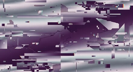 Abstract digital glitch  with purple and silver gradient blocks and lines