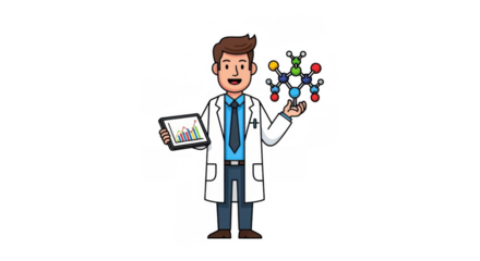 Scientist holding molecule and tablet in lab coat.